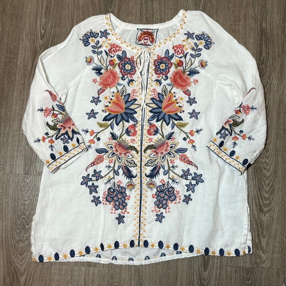 Johnny Was Linen Tiwa Blouse Tunic Top Small Boho Floral Peasant White - Picture 11 of 15